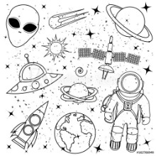 Bild på Hand-drawn vector concept space - astronaut planet ufo aliens spaceships